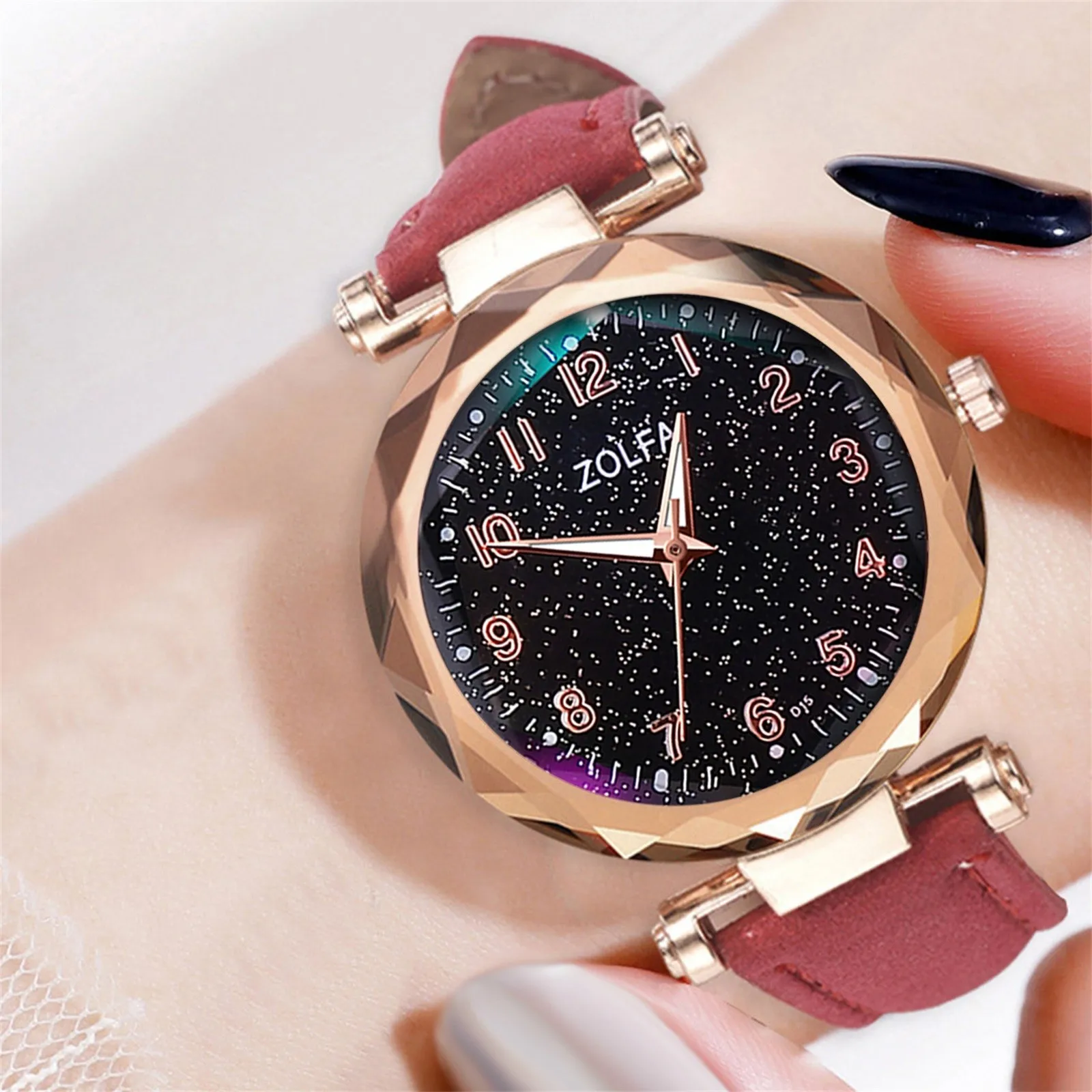 

Часы наручные женские кварцевые с ремешком на кожаном ремешке, модные роскошные Простые повседневные, с кристаллами, с изображением звездн...