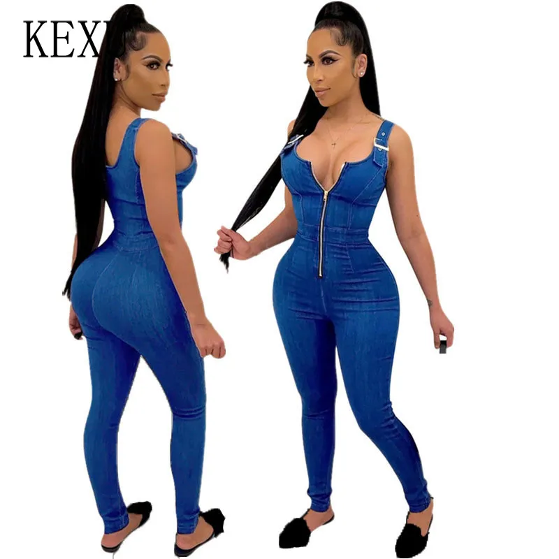 

KEXU Women Denim Jumpsuit Sleeveless Jeans Zipper Rompers Female Casual Plus Size Denim Overalls Pencil Playsuit with Pocket