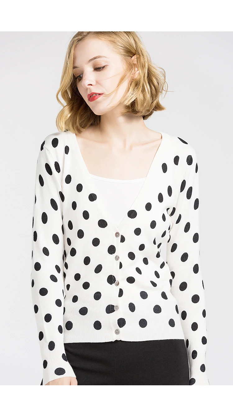 Тонкий Polkdot женский кардиган весна осень вязаный свитер пальто однобортный