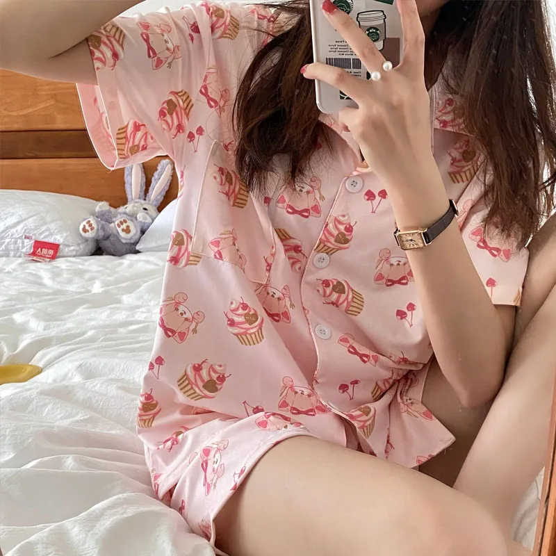 CAIYIER New Women Pajamas Suit Summer Short Sleeve Cute Pink Ice Cream Print Sleepwear Girl Leisure Pyjamas Leisure Wear Shorts