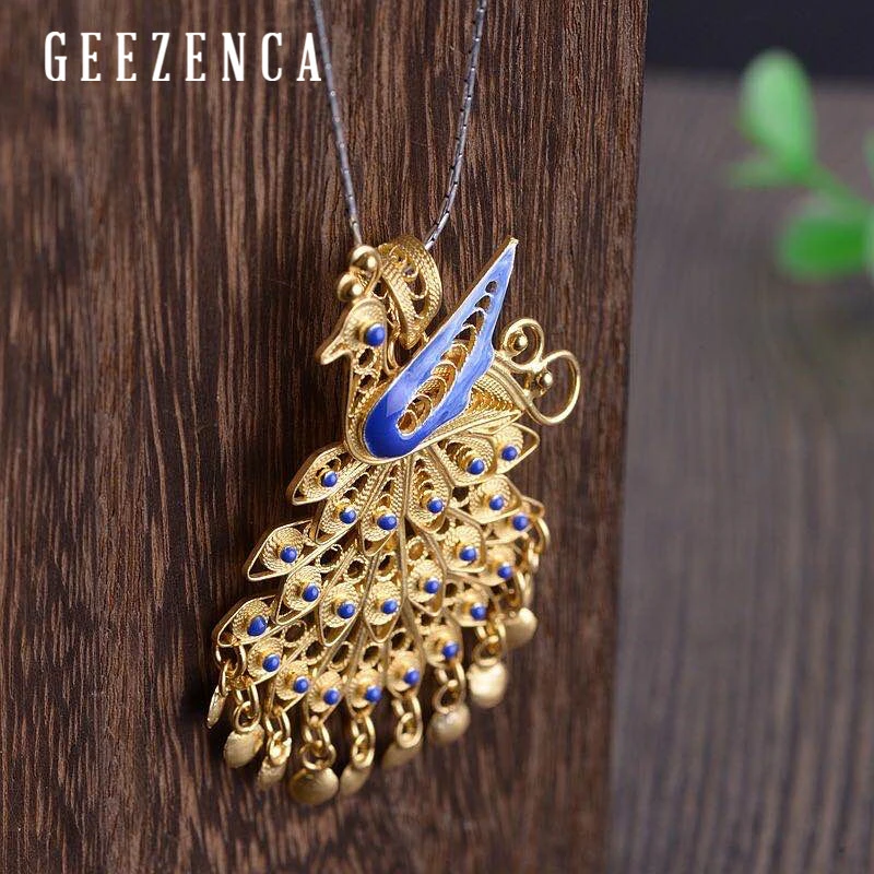 

925 Sterling Silver Jewelry Gold-plated Cloisonne Peacock Pendant Handmade Craft Vintage Ethnic Women's Pendants Without Chain