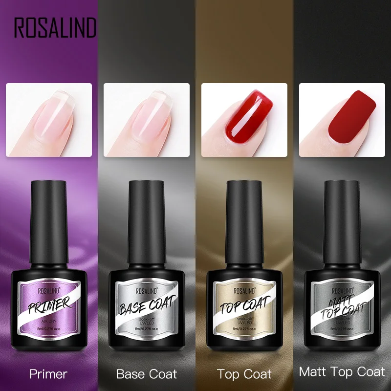 

ROSALIND 4pcs/Lot Primer Base Top Coat Set 8ml Gel Nail Polish Set No Wipe Top Coat Soak off Lacquer Varnish