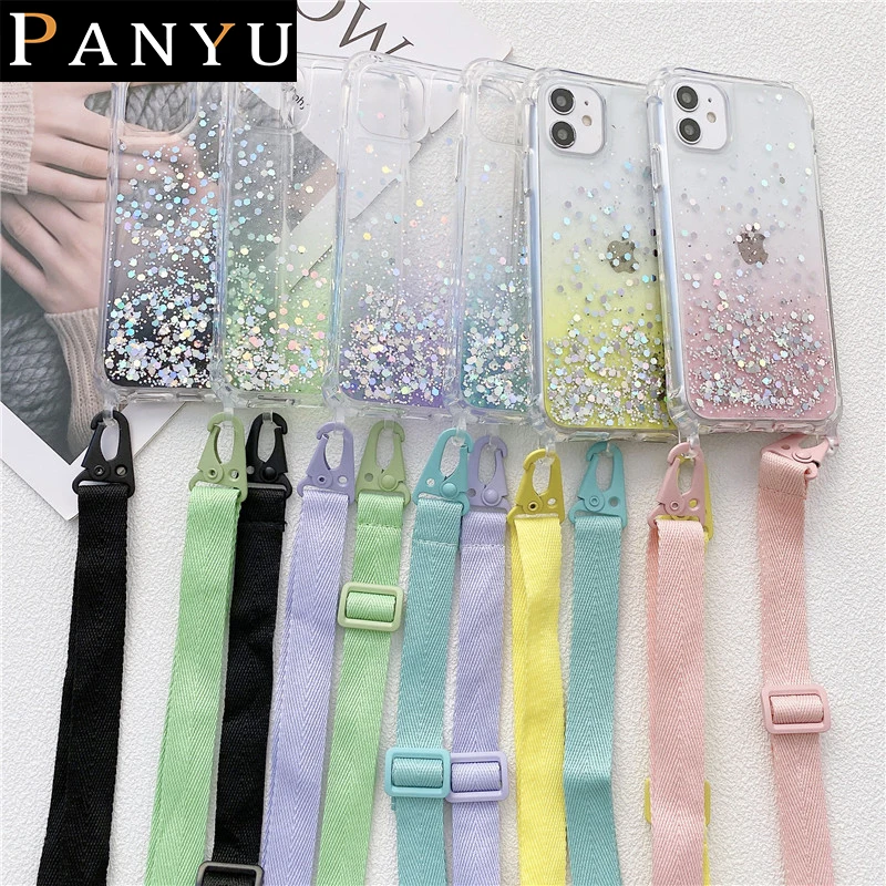 

Glitter Stars Sequin Adjustable Long Lanyard Phone Case For iPhone 7 8 Plus X XR XS Soft Epoxy Cover For iPhone 13 12 11 Pro MAX