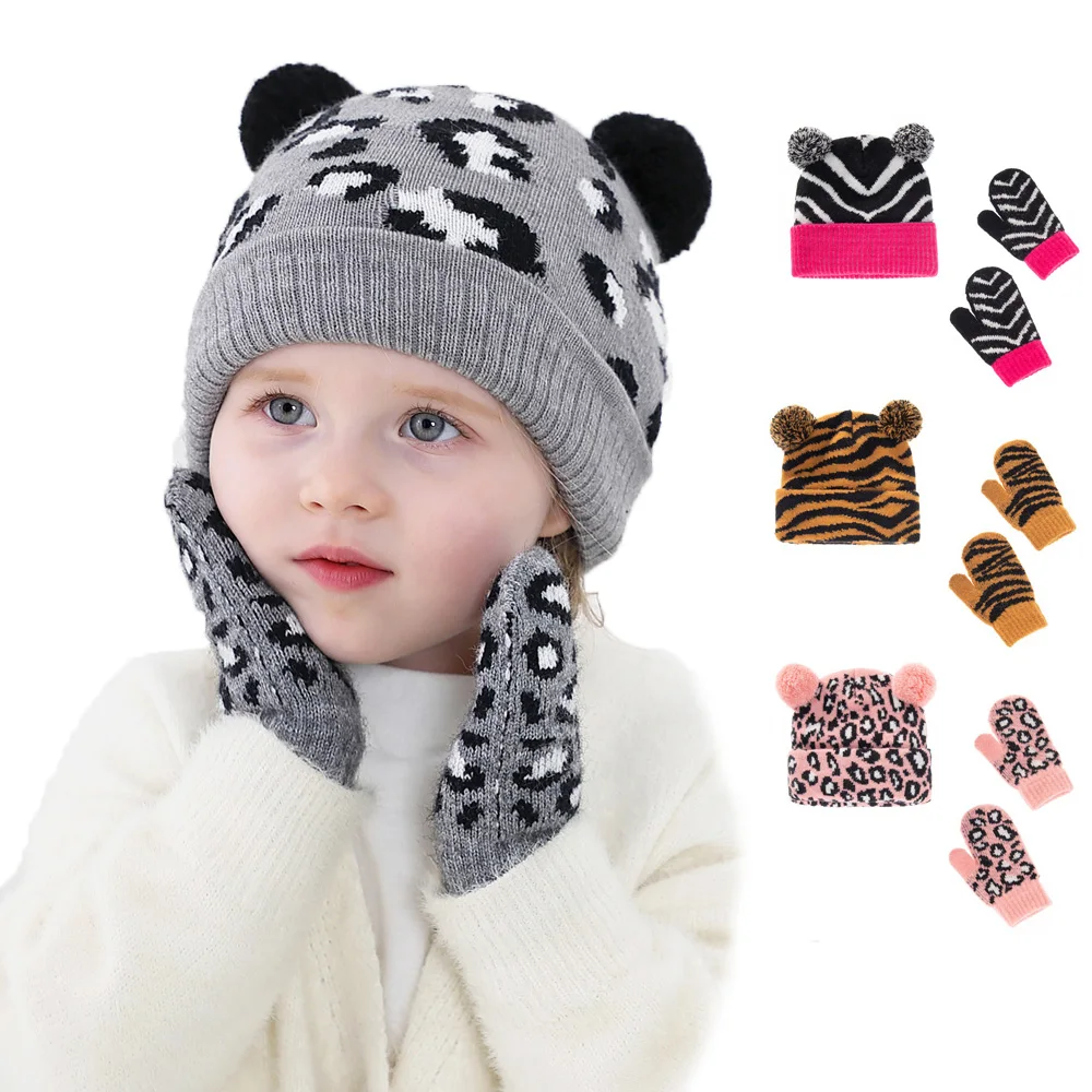

Leopard Baby Hats Gloves Knitted Hat Pom Pom Kids Beanie Caps Toddler Cap Baby Bonnet Newborn Infant Accessories for Girls Boys