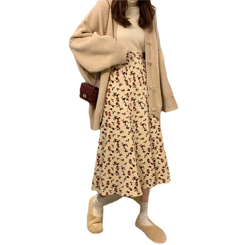 

Vintage floral print a-line ruffle long skirts summer female Korean streetwear skirt elastic waist midi skirt