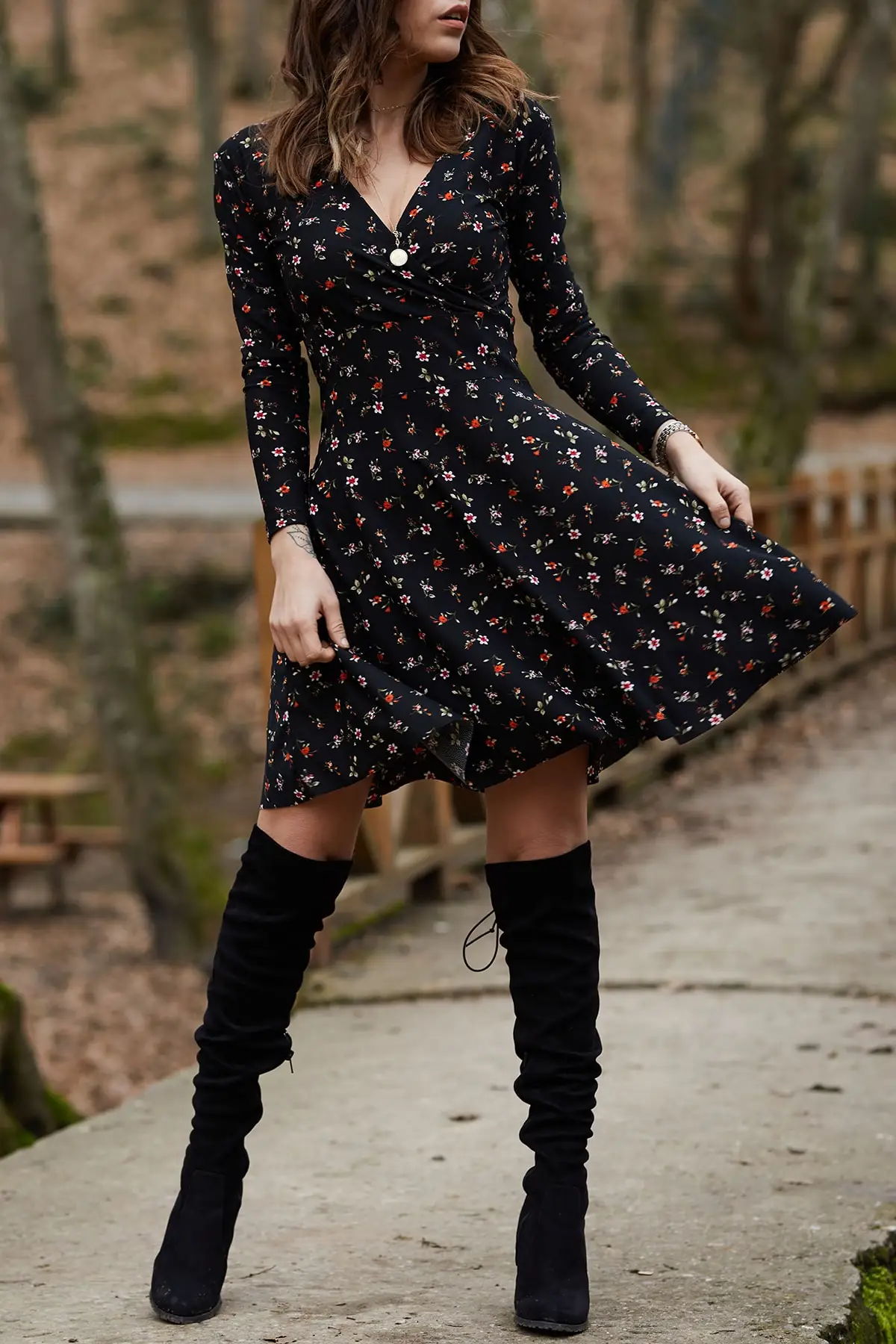 

Flower Print Double Breasted Dress 9YXK6-41729-02 Cotton Midi Floral Long Casual Double Breasted Collar Black