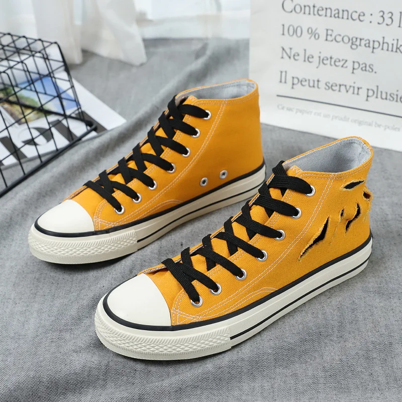 Желтые парусиновые туфли мужские осенние модные высокие сплошной цвет дышащий