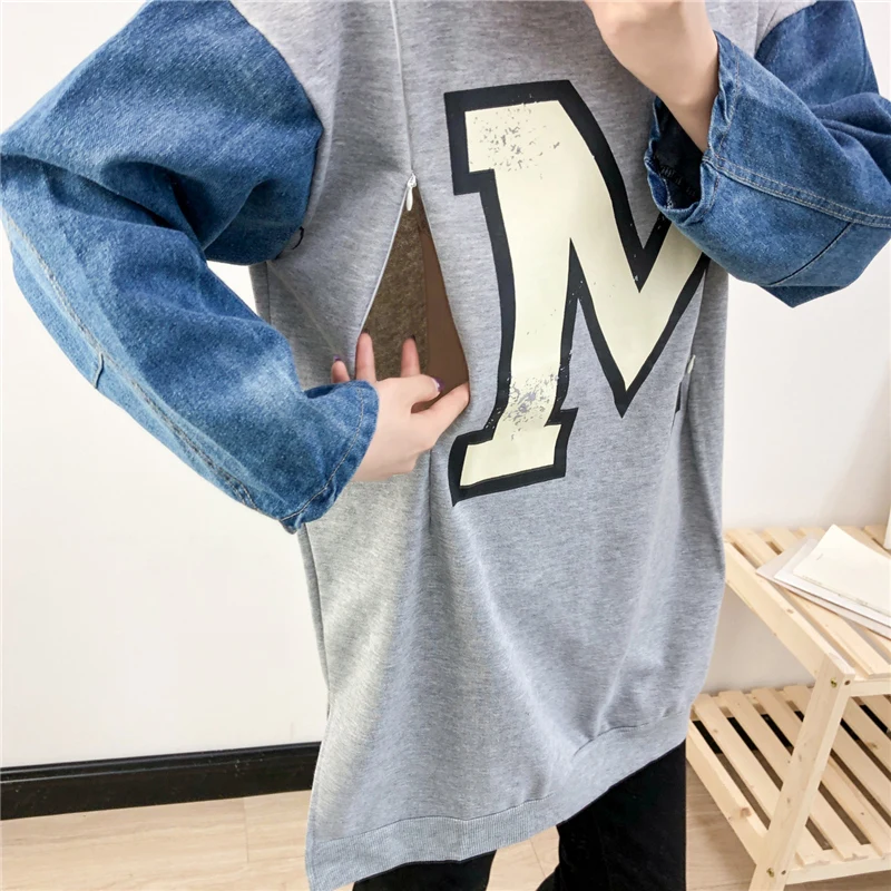 Джинсовая Толстовка для кормящих мам Повседневный свитер с надписью M грудного