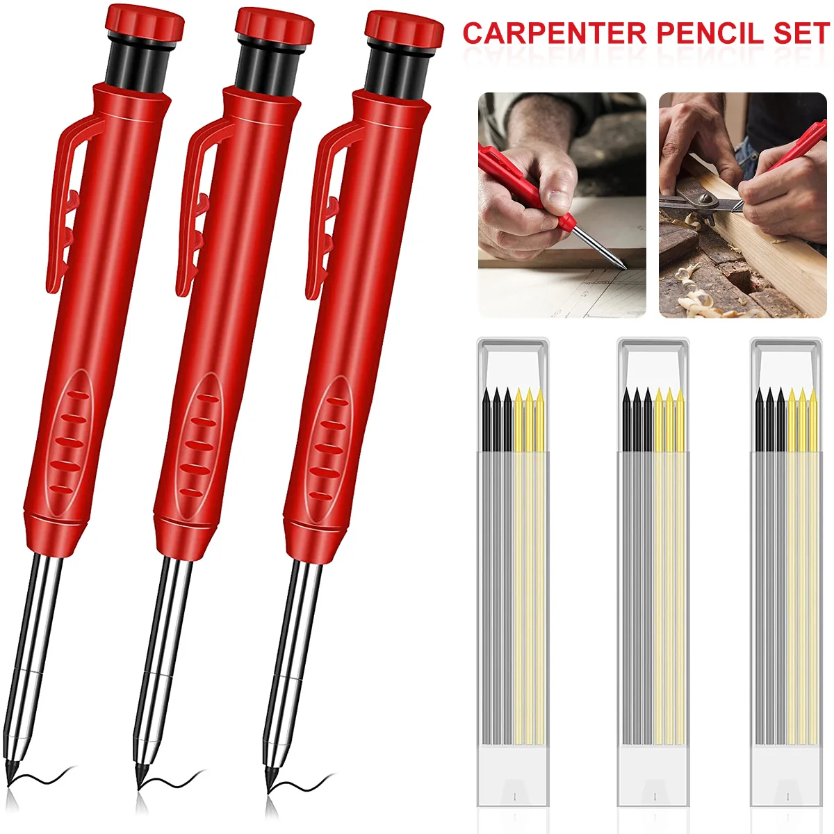 

3pcs Solid Carpenter Pencil with 30 Refill Lead Deep Hole Built-in Sharpener Construction Mechanical Pencil Wood Flooring Marker