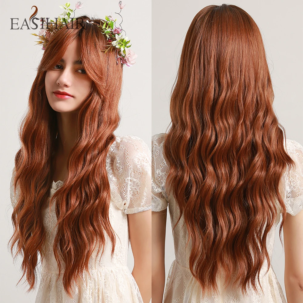 EASIHAIR Long Wavy Black to Orange Ombre Synthetic Wigs Amber Natural Wigs with Bangs Wedding Princess Hairstyles Heat Resistant