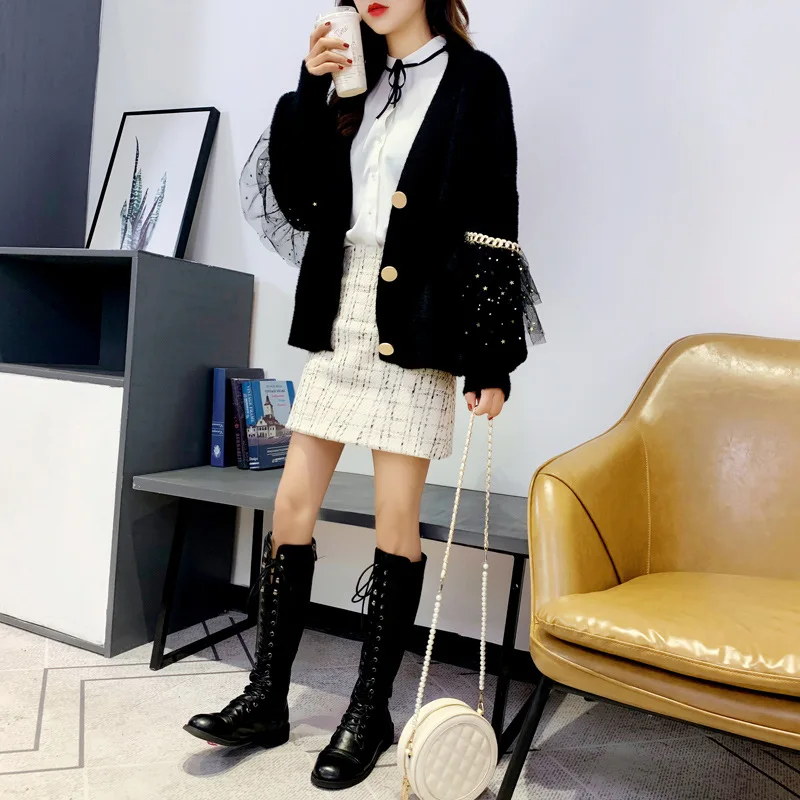 

EBAIHUI Faux Mink Sweater Coat Women Loose Vintage New 2020 Autumn and Winter Lace Knitted Cardigan L1502
