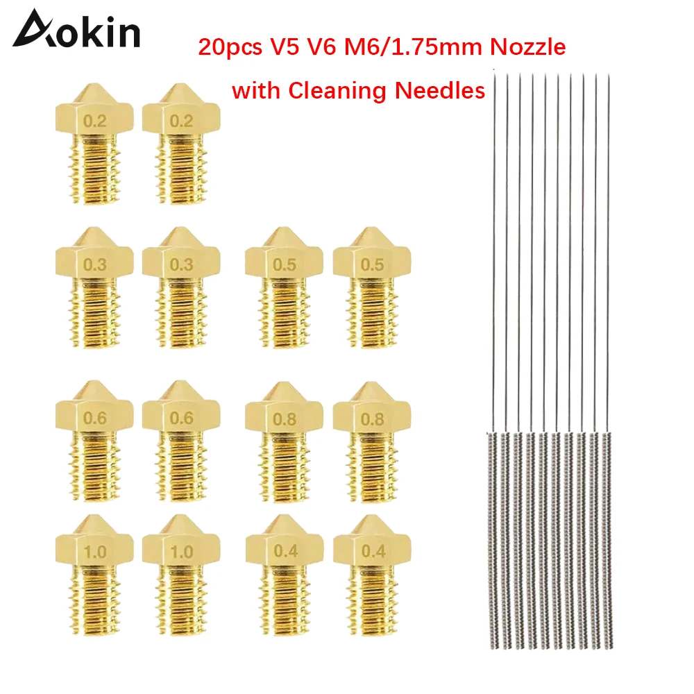 

Насадки для 3D-принтера V5/V6 M6 1,75 мм, 0,4 мм, латунная насадка для экструдера с иглой для очистки нержавеющей стали, комплект для 3D-принтера, 20 шт.