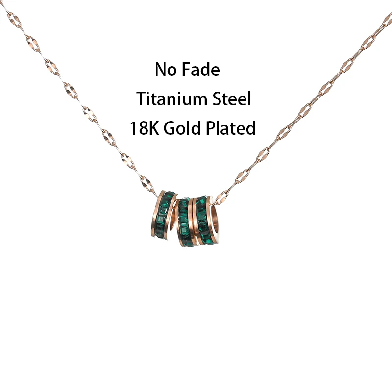 Korean Style Fashion Three Green Geometry Circular Zircon Crystal Pendant Women Necklaces Luxury Rose Gold Choker Chain Jewelry | Украшения