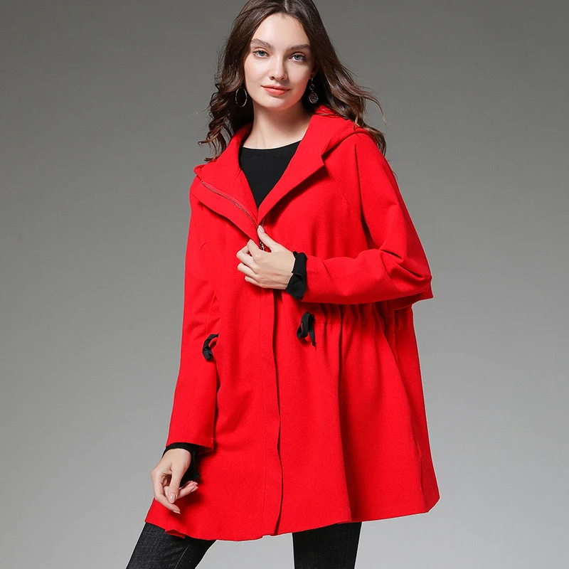 Plus size women clothing Autumn elegant thin trench coat female ruffled loose hooded windbreaker outwear casual outfit flare top | Женская