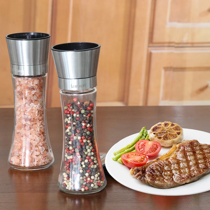 

Leeseph 18/8 Brushed Stainless Steel Pepper Mill and Salt Mill, 6 Oz Glass Tall Body, 5 Grade Adjustable Ceramic Rotor