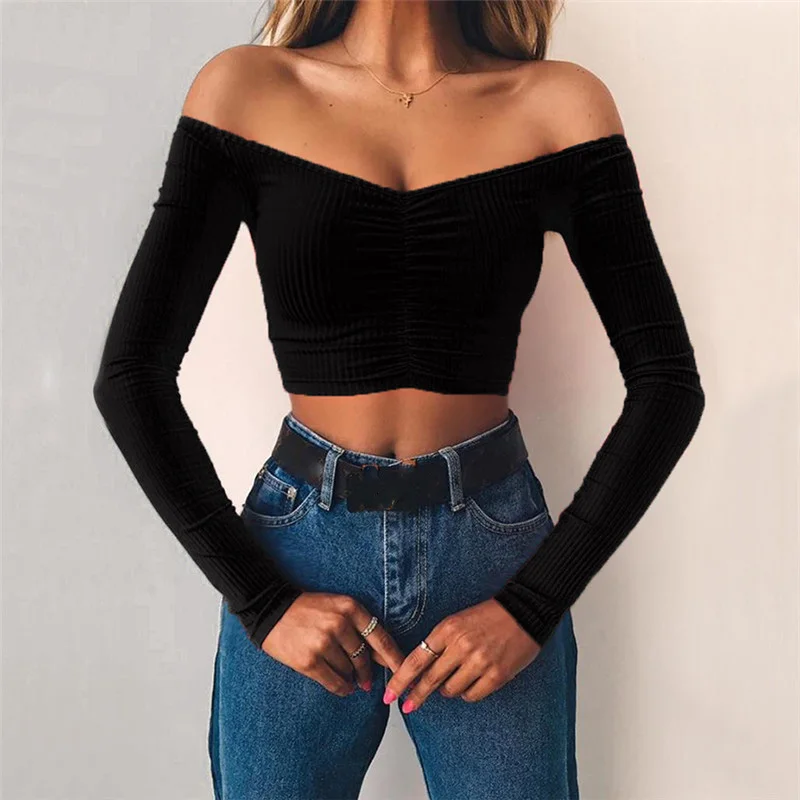 

women T-shirts sexy and club fashion female T-shirt long sleeve off shoulder solid color lady Tshirt autumn basic tees