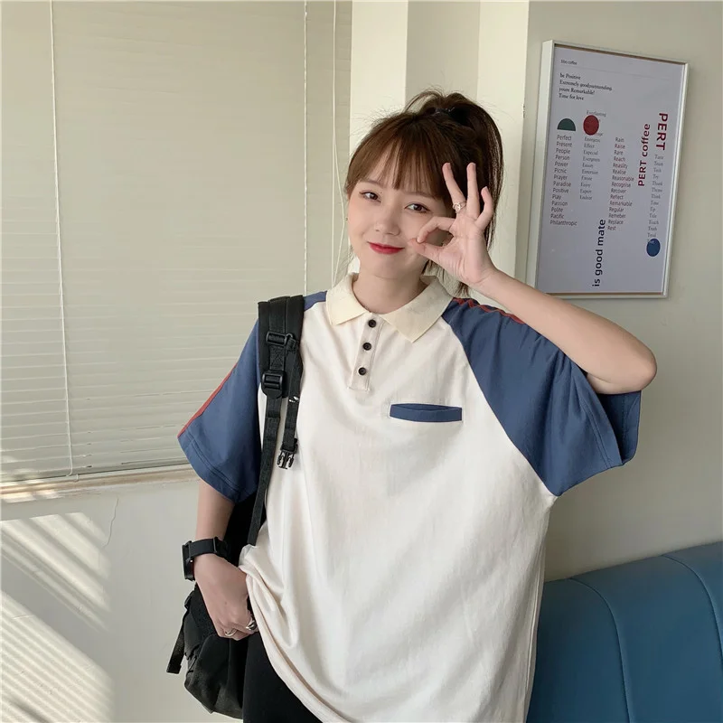 

Campus Student Wear Casual Polo T-Shirt Women's Short-Sleeved Tops Kawaii Korean Clothes For Girls All-Match Women's Dress 2021