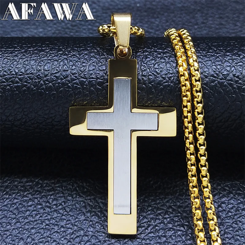 

2022 Catholic Cross Stainless Steel Statement Necklace Men Gold Silver Color Long Chain Necklaces Jewery collier NS02