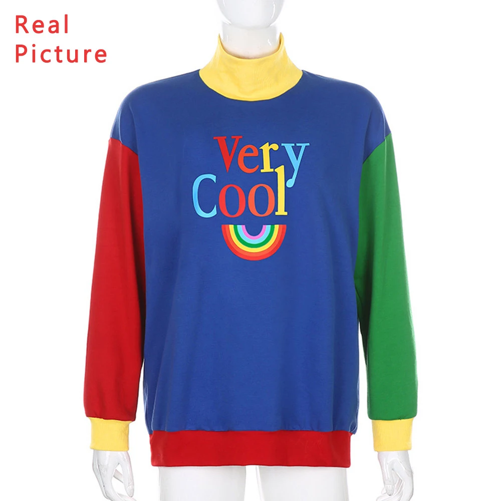 

Missnight Sweatshirt Women Letter Print Pullover Long Sleeve Patchwork Rainbow Crewneck Turtleneck Oversize Hoodie Vintage
