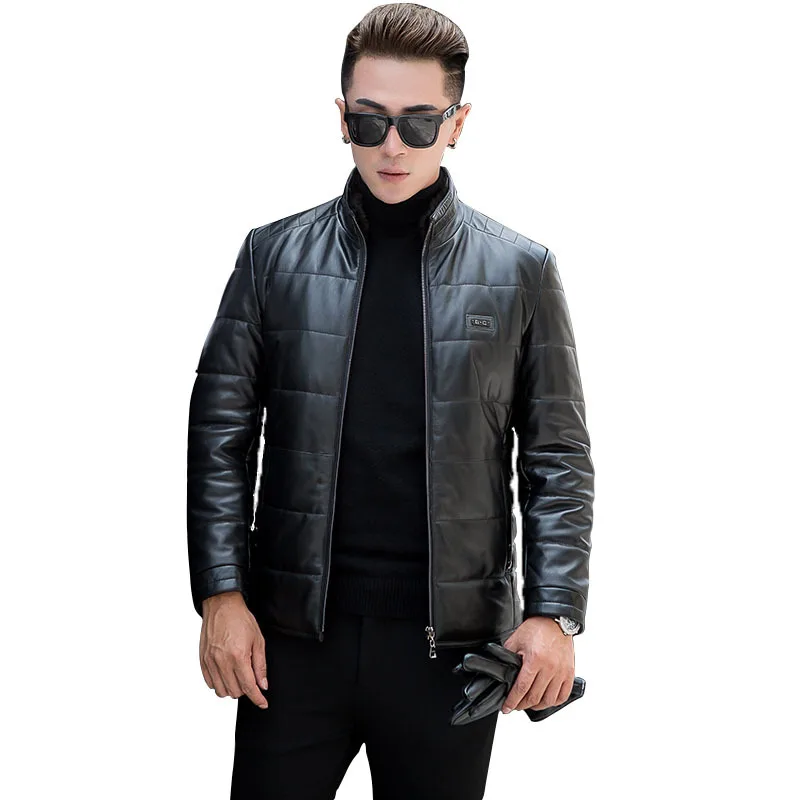 

Brand men's real sheepskin leather down jacket, men's short stand collar collar winter warm jacket