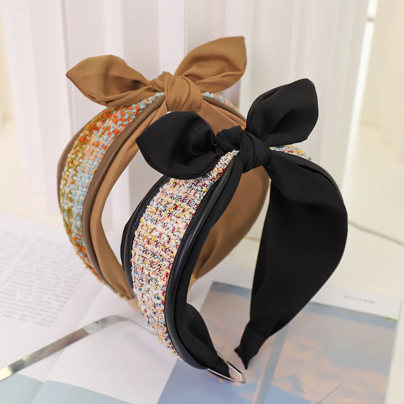 

2021 Winter Wool Plaid Bow Bezel Hairband Women Clips Hair Accessories Girls Headband Opaska Do Wlosow Bandeau Femme Diademas