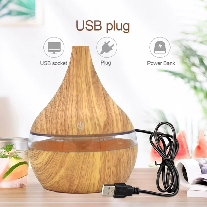 

300ml 5V USB Wood Grain Air Humidifier Essential Oil Aromatherapy Diffuser Mini Electric Mist Maker with 7 Color LED Night H05F
