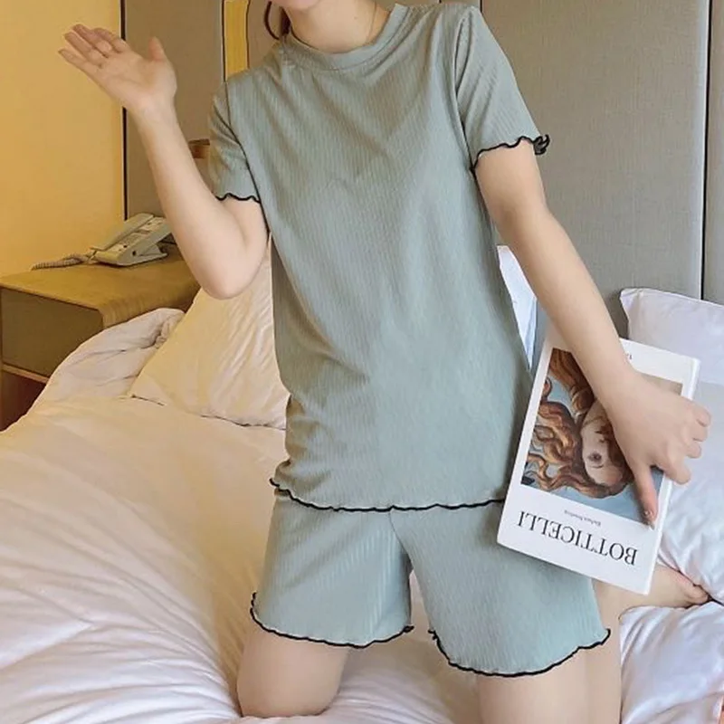 

Women Sweet Pajamas Casual Loose Nightwear Short Sleeve Casual Sleepwear Trendy Ice Silk Shorts Soft Autumn Summer Homewear Suit