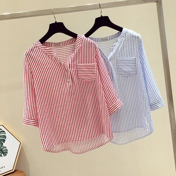 Hot 2019 Women Summer Fashion Blouse All-match Casual Loose Concise Striped Three Quarter Sleeve Shirts 1