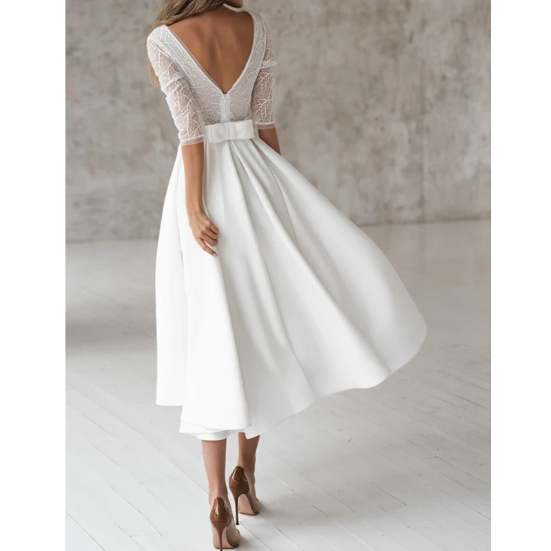 

WEPBEL Dress Women's Sexy Mesh Lace Stitching Slim Dress Summer Solid Color V-neck Three Quarter Sleeve High Waist Dress