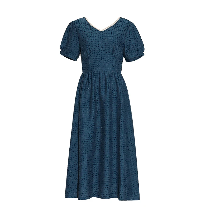 

PERHAPS U Blue Tweed Vintage V Neck Short Sleeve Midi Dress Sundress Beach Women A-line Elegant D2034