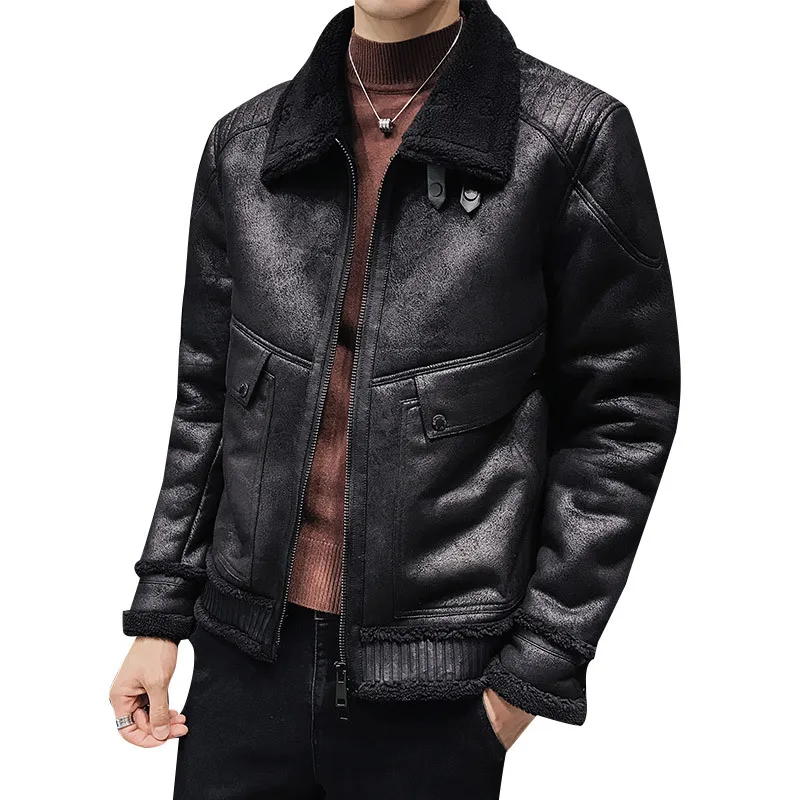 

men's Japanese winter wear thickened warm leather jacket coat fur integrated plush fur coat men's top