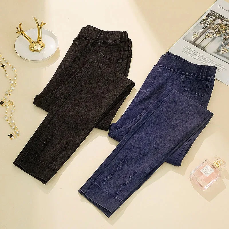 

Более высокая талия уличная джинсы для женщин в винтажном стиле размера плюс 5XL тонкий жира мм отверстие джинсы повседневные эластичные шта...