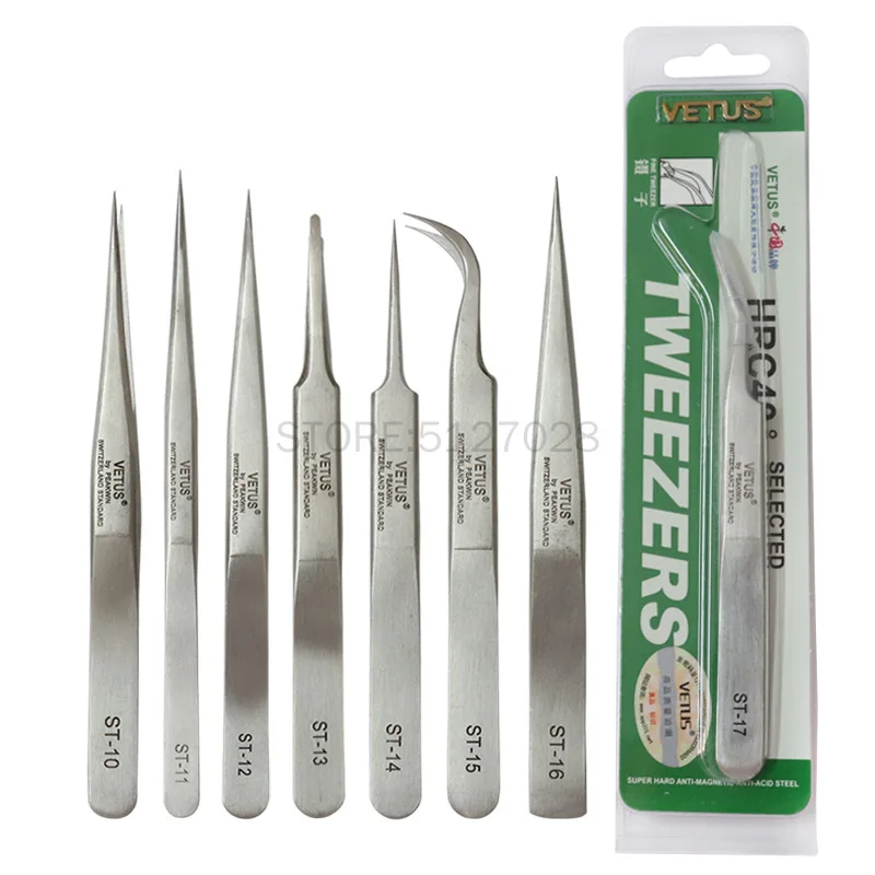 

100%VETUS ST Series Stainless Steel Industrial Anti-static Tweezers Watchmaker Repair Tools With Security Label Gold Word Mark