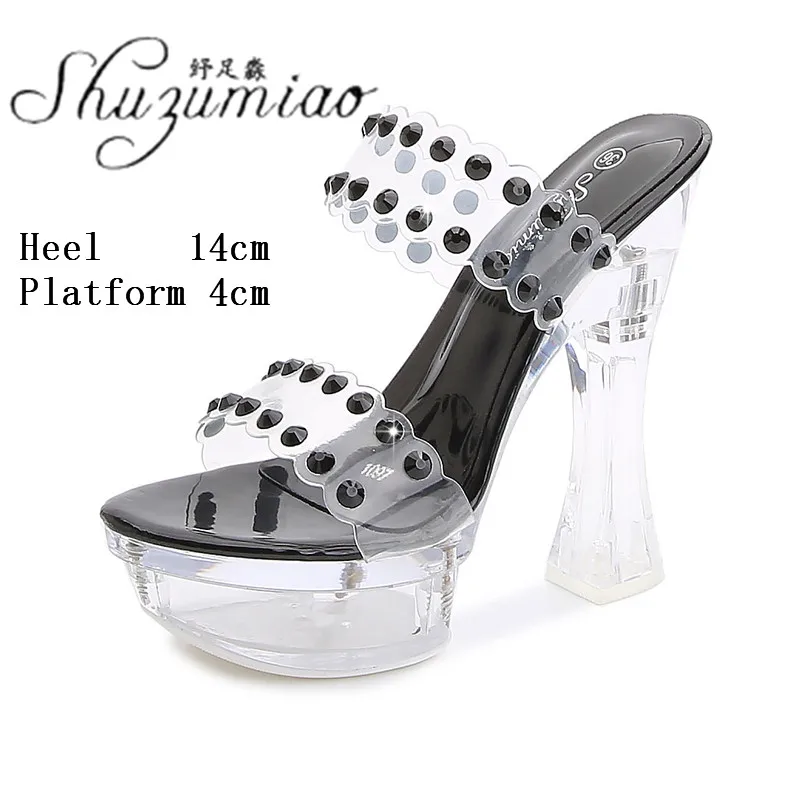 

Model Catwalk T Stage Sexy Transparent Crystal One Word Slides Thick Heel 14 CM Ultra High Heel Slippers Platform Women's Shoes