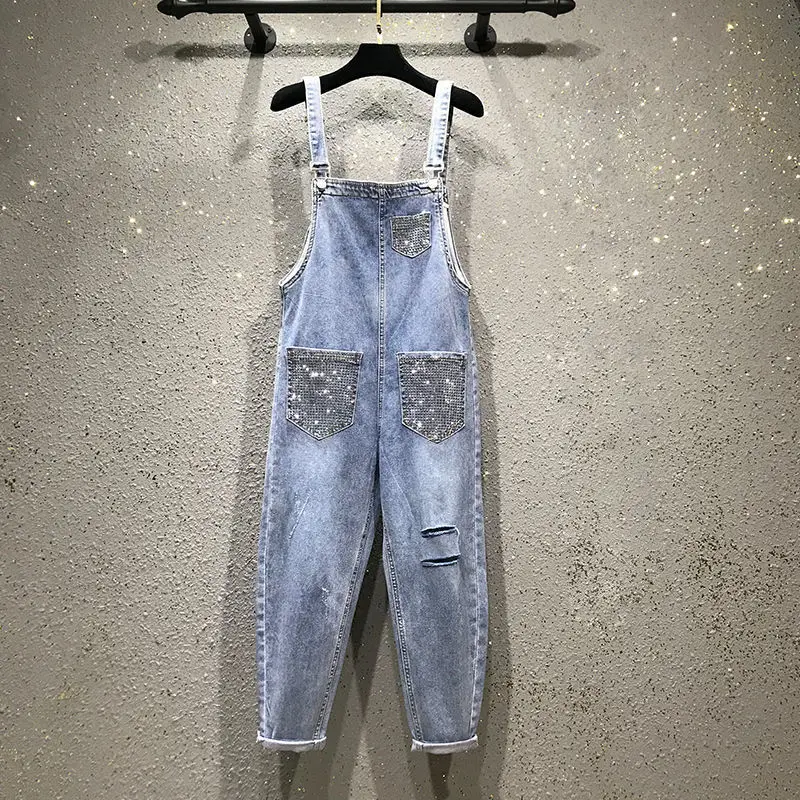 

Women's Pants Hot Rhinestone Denim Bib Loose and Thin Holes Nine-point Harlan Wide Leg Jumpsuit Woman Jeans