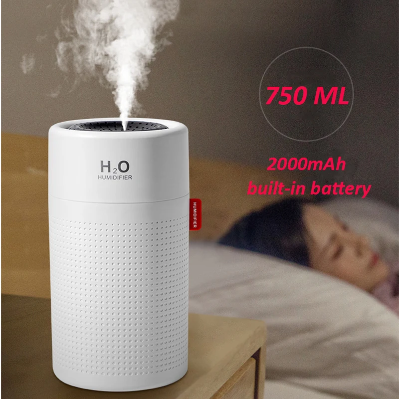 

750ml Large Capacity Air Humidifier 2000mAh USB Rechargeable Wireless Ultrasonic Aroma Water Mist Diffuser Light Umidificador