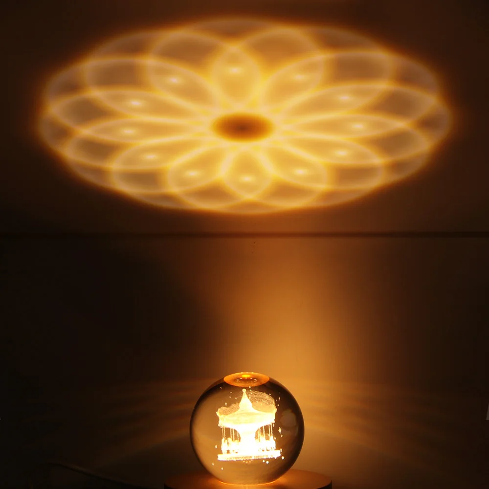 

New And Unique Creative 3D Carved Moon Lamp Solid Wood Seat Crystal Ball Night Light Bedside Lamp Lamp Carousel