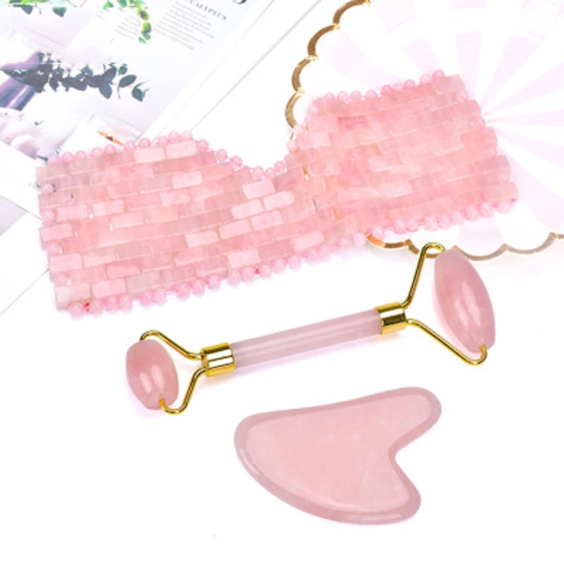 

Rose Quartz Eye Mask Facial Massager Jade Roller Guasha Scraping Set Natural Stone Gouache Scraper Jade Mask Massager