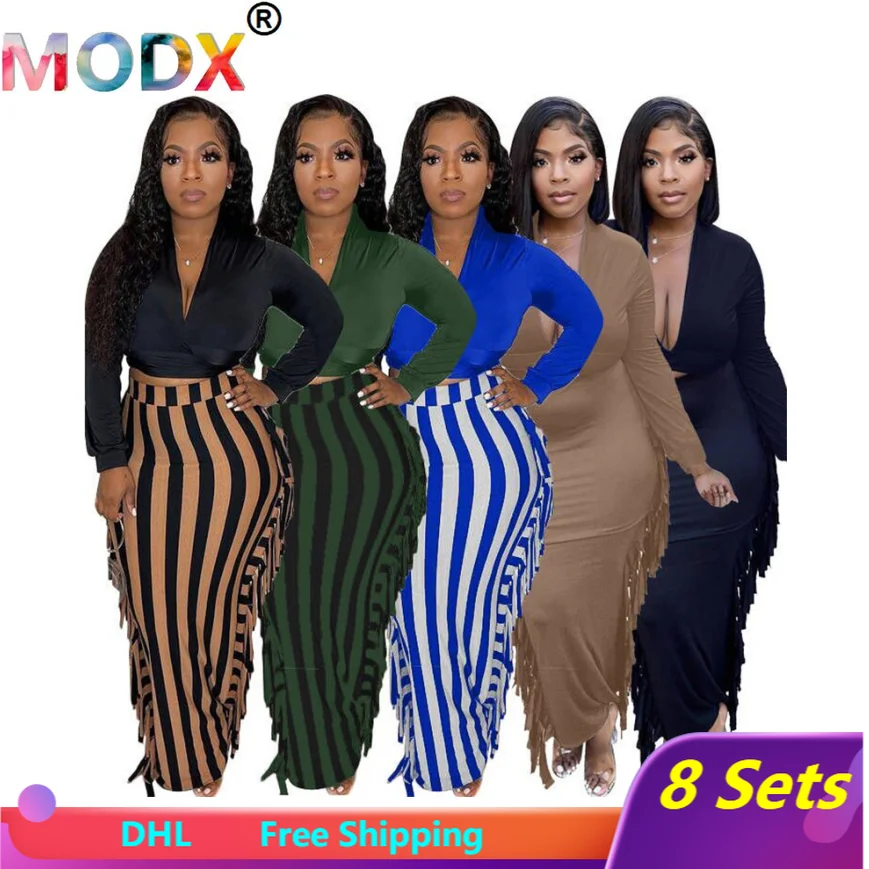 

Женский комплект из юбки и юбки, комплект из двух предметов, юбка макси с укороченным топом и длинным рукавом, облегающая юбка с бахромой, ос...