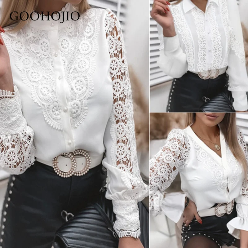 

GOOHOJIO 2021 New Spring Autumn V-neck Temperament Blouse Women Fashionable Shirts for Ladies Lace Buttons Casual Women Blouse
