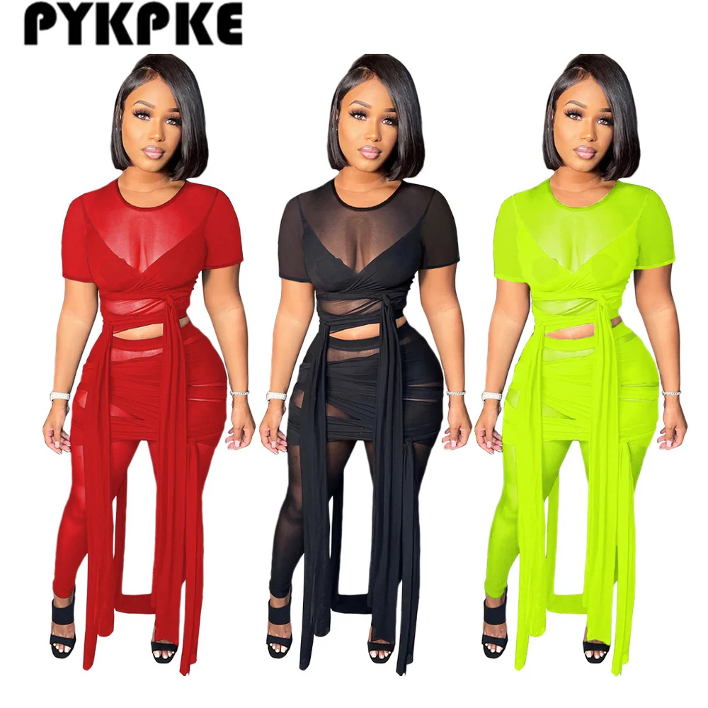 

Women Two Piece Set Sexy Mesh Sheer See Through Suits Short Sleeve Crop Top & Bandage Pants Set