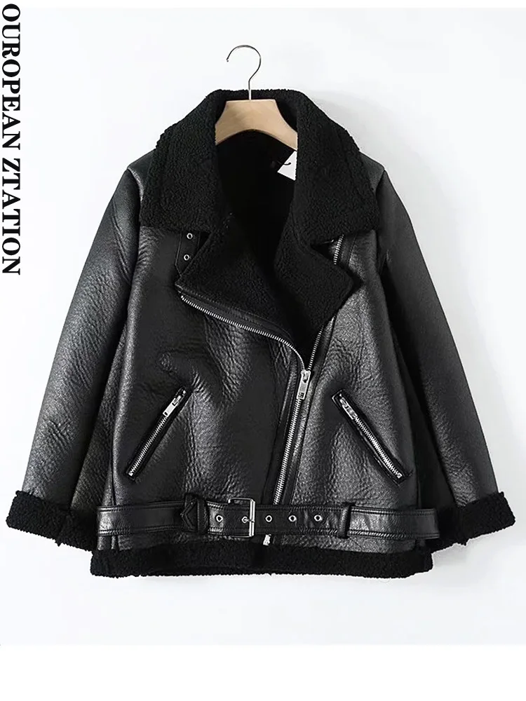 Women 2021 fashion imitation leather faux shearling jacket coat vintage long sleeve belt hem female outerwear chic tops