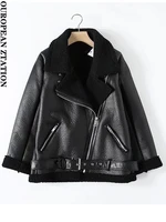 women 2021 fashion imitation leather faux shearling jacket coat vintage long sleeve belt hem female outerwear chic tops