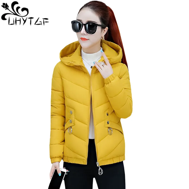 

UHYTGF coats women winter down jacket parker women hooded zipper Thick Warm short cotton jacket Korean loose plus size coat 1245