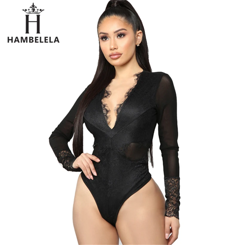 HAMBELELA осеннее женское Черное Кружевное боди Femme боди с открытой спиной Сетчатое с длинным рукавом обтягивающий сексуальный комбинезон Femme открытые топы Вечерние