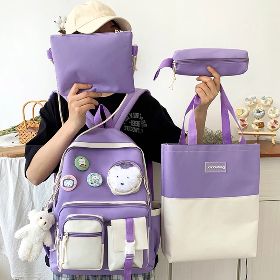 

4 Piece Set Multi Pocket Women Backpack Casual Fashion Unisex Large Laptop Cute New Casual Waterproof Travel Bag Paquete Sac