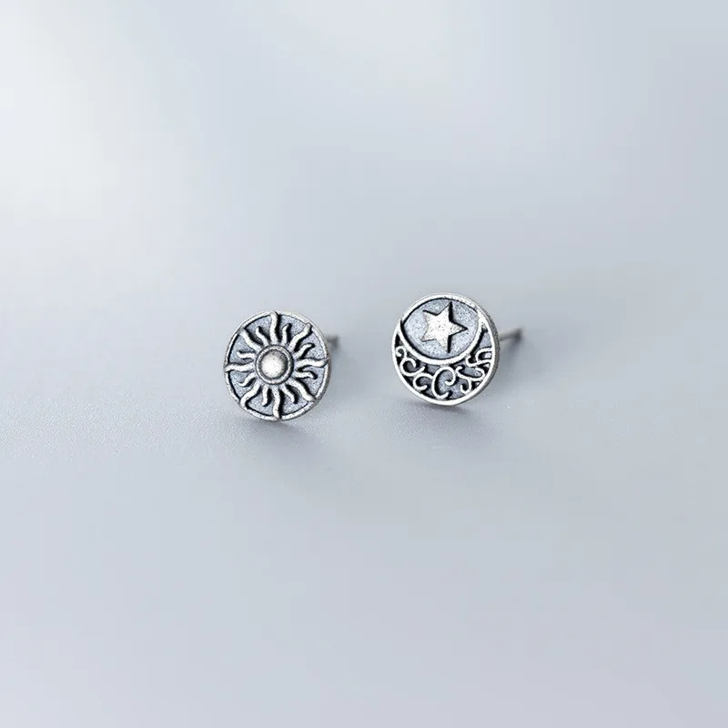 DAIWUJAN Vintage Asymmetric Thai Silver Sun Moon Stud Earrings For Women 925 Sterling Star Femme Jewelry Gifts | Украшения и