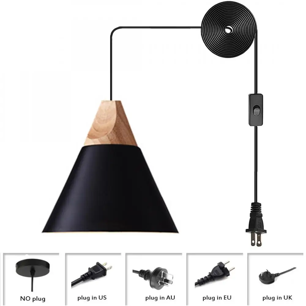 

Подвесной светильник из черного металла, современный подвесной светильник с деревянным держателем, подвесной светильник с 1 штепсельной ви...