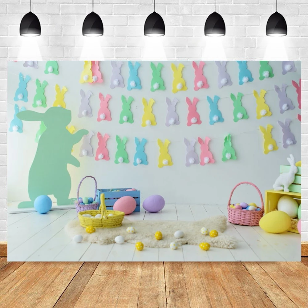 

Spring Easter Backdrop Eggs Flower Rabbit Wooden Floor Photography Background Party Baby Portrait Photo Booth Banner Decoration