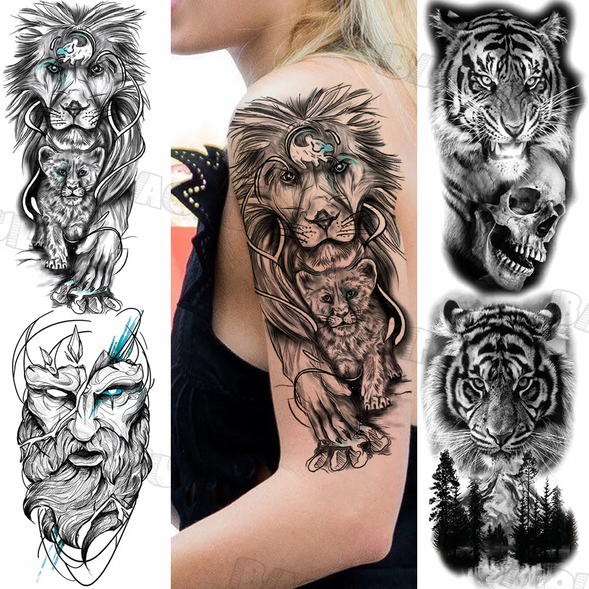 Черные большие временные татуировки с Львом для женщин и мужчин тигр Череп